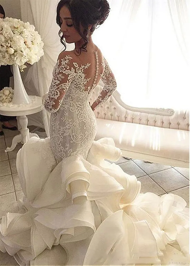 vestido de noiva Long Sleeves Wedding Dresses with Sheer Neck Vintage Mermaid Appliques Lace Tulle Bridal Gowns