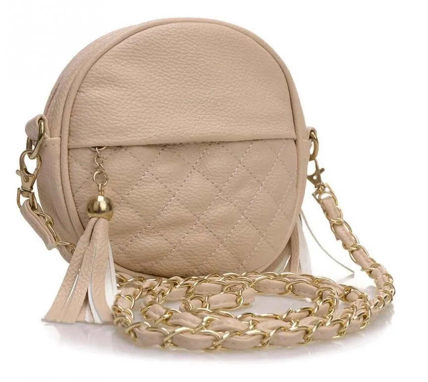 Barnväska Diamant Lattice Girls Shoulder Bags Tassel Brand Mini Crossbow Round Crossbody Väskor Läderkedjor