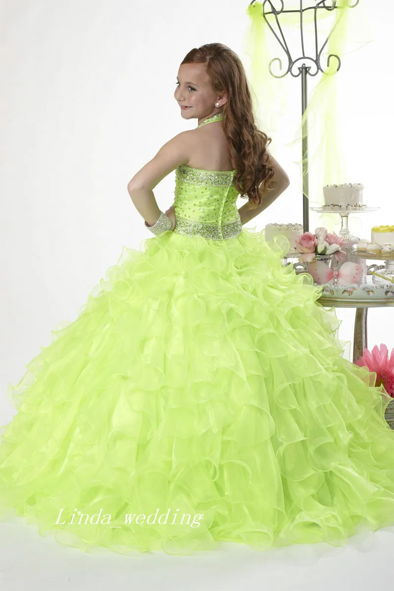 Green Princess Girl's Pageant Dress Good Quality Organza Beaded Party Cupcake Flower Girl Pretty Dress For Little Kid