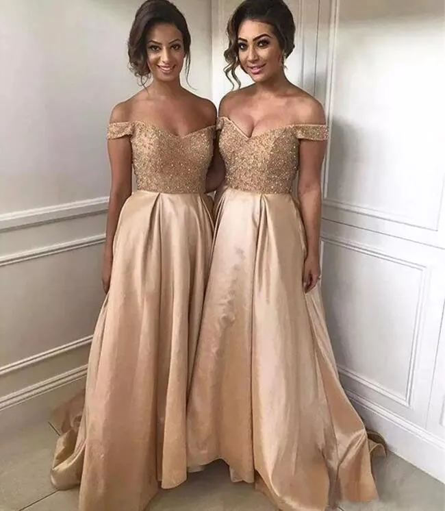 Champagne Beaded Off Shoulder A Line Sparkly Gold Bridesmaid
