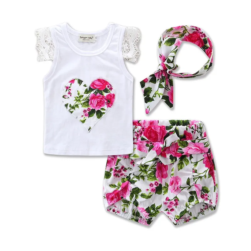 2018 Sommar nyfödd baby flicka kläder blomma spets ärm t-shirt toppar + shorts pants + huvudband 3pcs tjejer outfits set toddler kläder 0-24m