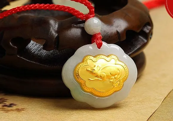 Ouro embutidos jade ChangMingSuo zodíaco Chinês mouse charme pingente de colar talismã