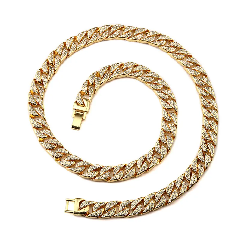 Heavy 24K Solid Gold Plated MIAMI CUBAN LINK Exaggerated Shiny Full Rhinestone Necklace Hip Hop Bling Jewelry Hipster Men Curb Cha305M