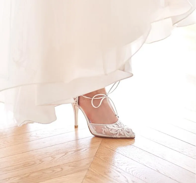 Elegant Beautiful Vogue Lace and Sheepskin Simple Style lacing 8.5 cm High Heels Wedding Bridal Shoes NK039