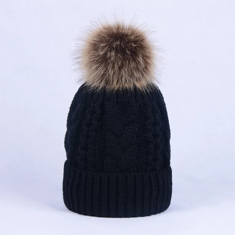 Winter dikke dubbele laag kleurrijke sneeuw caps wol gebreide beanie hoed met kunstmatige wasbeer bont poms voor vrouwen mannen hip hop cap 