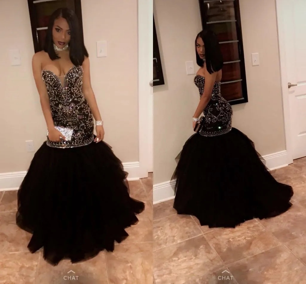 African Black Girl Mermaid Rhinestone Prom Dresses 2019 Bling Sequins Crystal Party Dress V Neck Sexy Formal Evening Gowns graduation dress