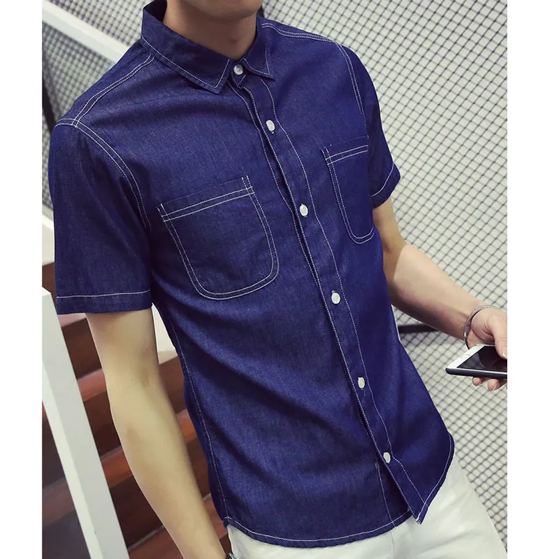 Mens Summer Denim Denim Shirts For Men With Turn Down Collar Wholesale Casual Short Sleeve Jeans