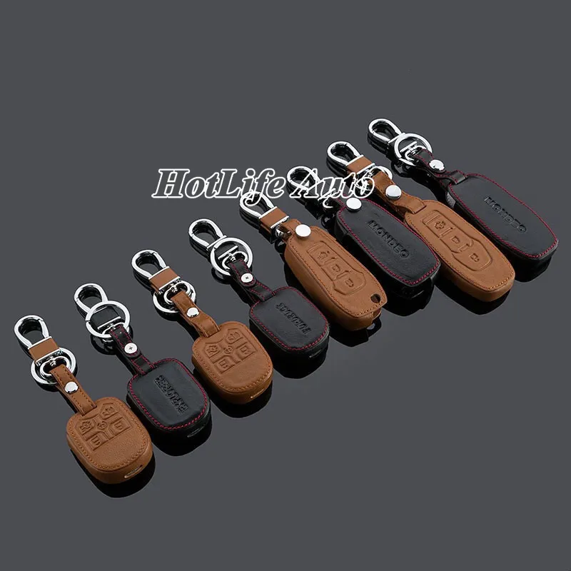 Genuine Leather Car Key Case Cover Keychain Fits for Ford Mondeo New Mondeo Explorer Edge Smart/Folding Remote Car Key Rings