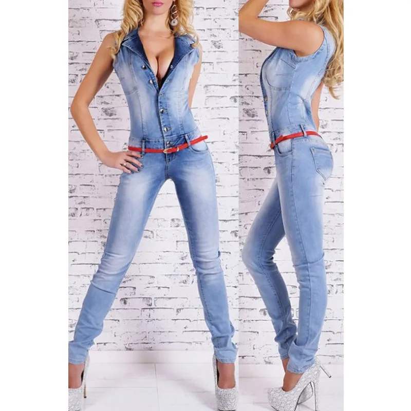 Sexy Femmes Salopette Jeans Denim Barboteuses Bleu Clair Col Rabattu Sans Manches Denim Combinaison Macacao Feminino Longo