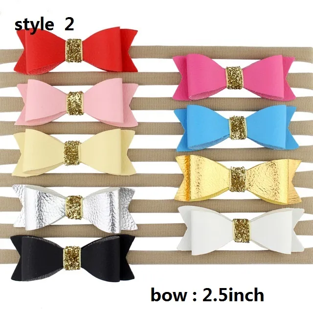 5style available ! 3" Mini Glitter Leather Bow Nylon Headband,Leather Bows Baby Headbands,Girls And Kids Nylon Hair Accessories /