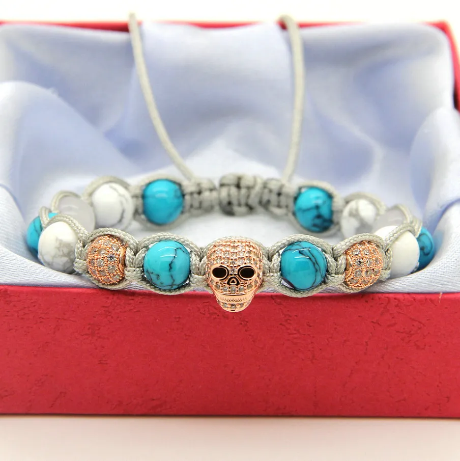 Wholesale 8mm White Howlite & Turquoise Stone Clear Cz Heart Skull Braided European American Macrame Mens Bracelets