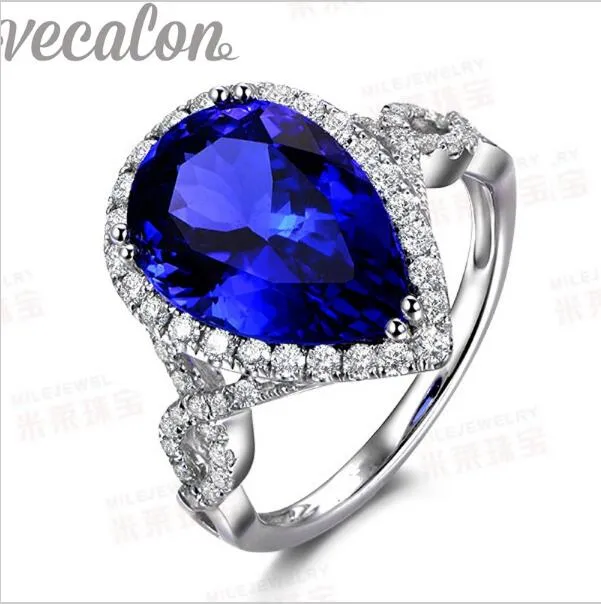 Vecalon 패션 반지 진주 8ct Tanzanite CZ 다이아몬드 반지 10kt 화이트 골드 가득한 여성 약혼 결혼식 밴드 반지