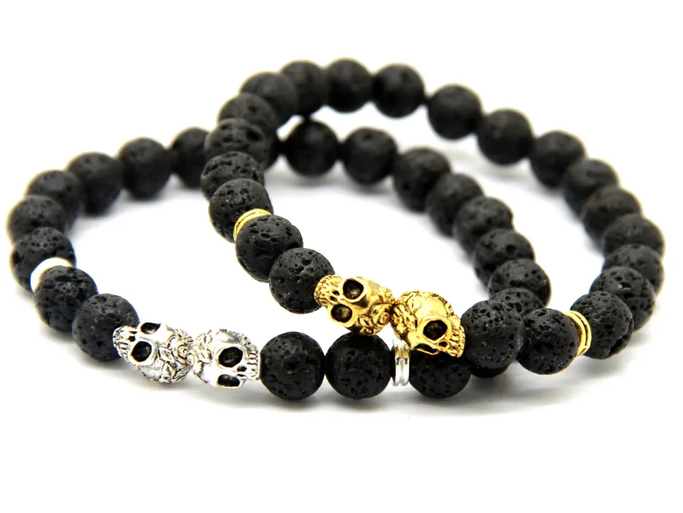 New Products Wholesale Christmas Gift 10pcs/lot 8MM Lava stone Beads Gold & Silver Skull Yoga Bracelets Party Gift