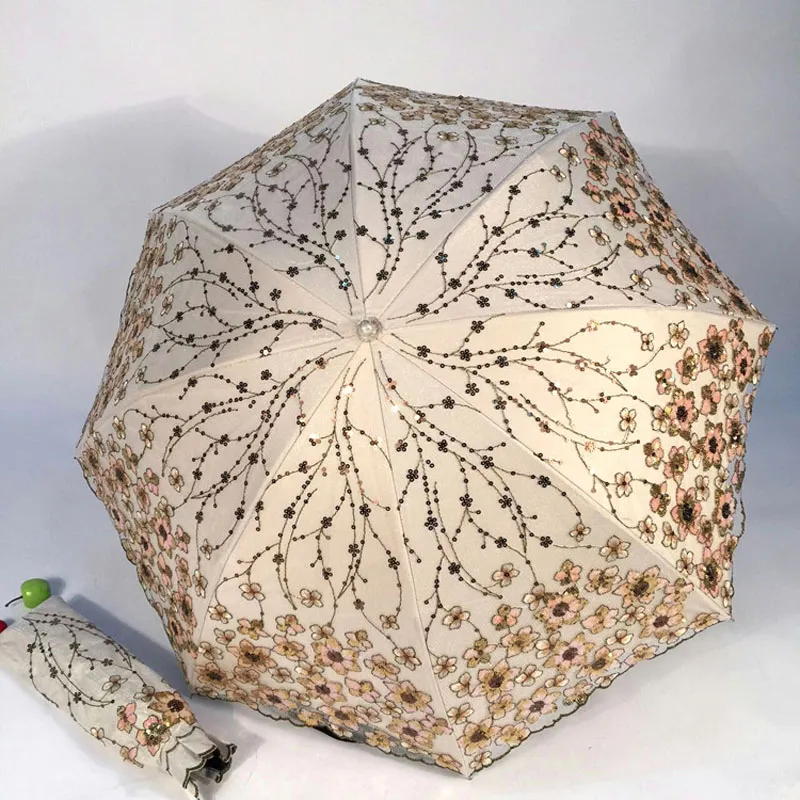 Dentelle Broderie Parasol Noble Femmes Princesse Fleurs Parasol Noir Revêtement Protection UV Pliage Parapluie Cadeaux ZA1286