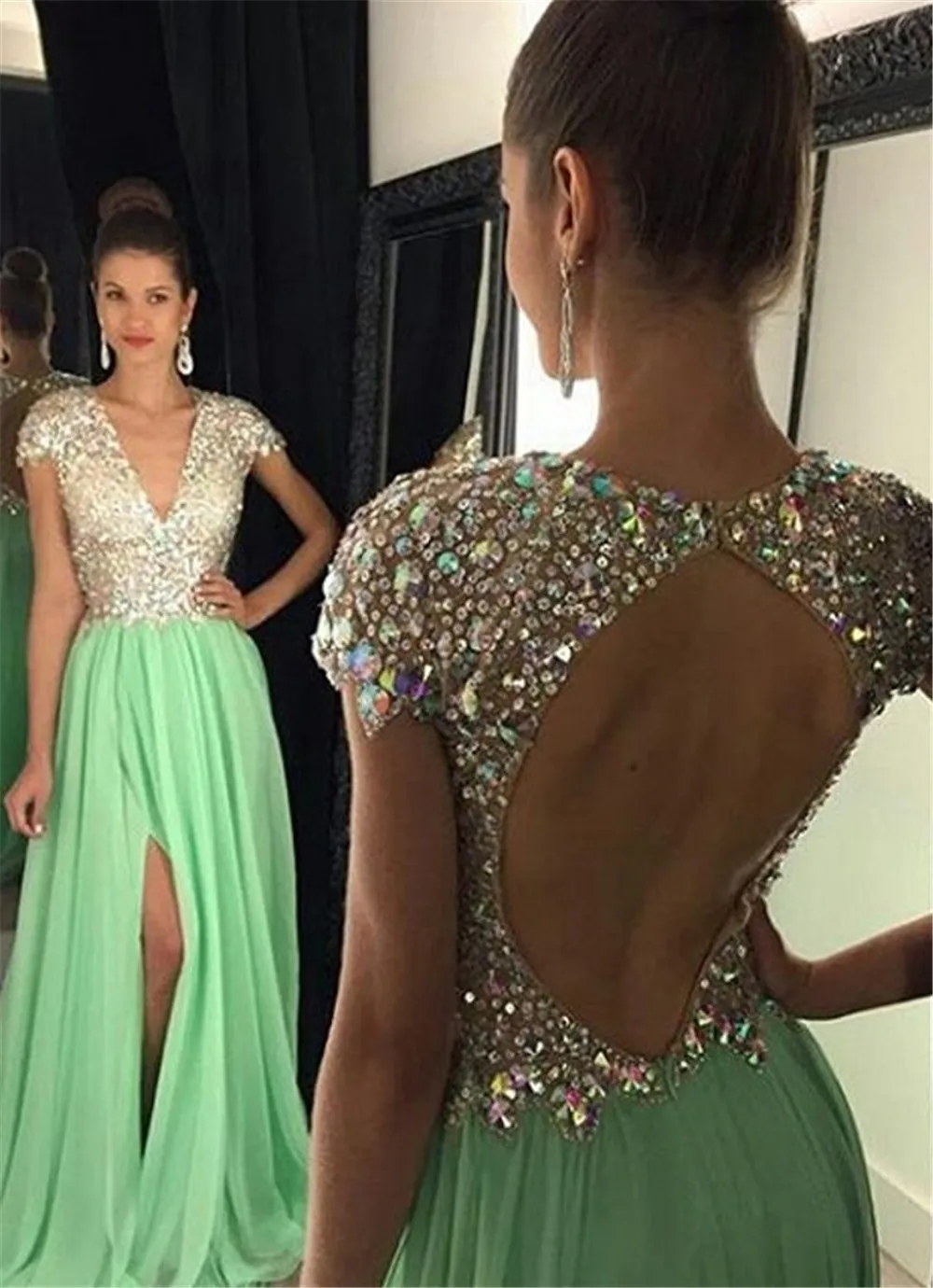 Oszałamiająca Cap Sleeve Crystal Prom Dresses 2021 Open Back Długi Szyfonowy Bling Bling Suknia wieczorowa Suknia