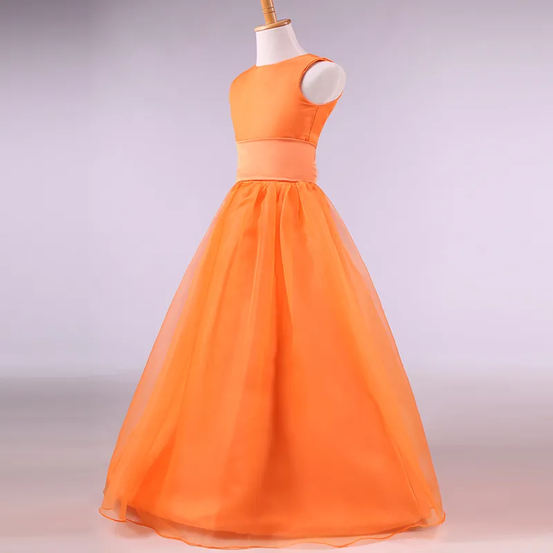 Satin Organza Long Flower Girl Dress Orange 2019 Jewel Neck Mother Daughter Gowns Floor Length Kids Evening Gowns