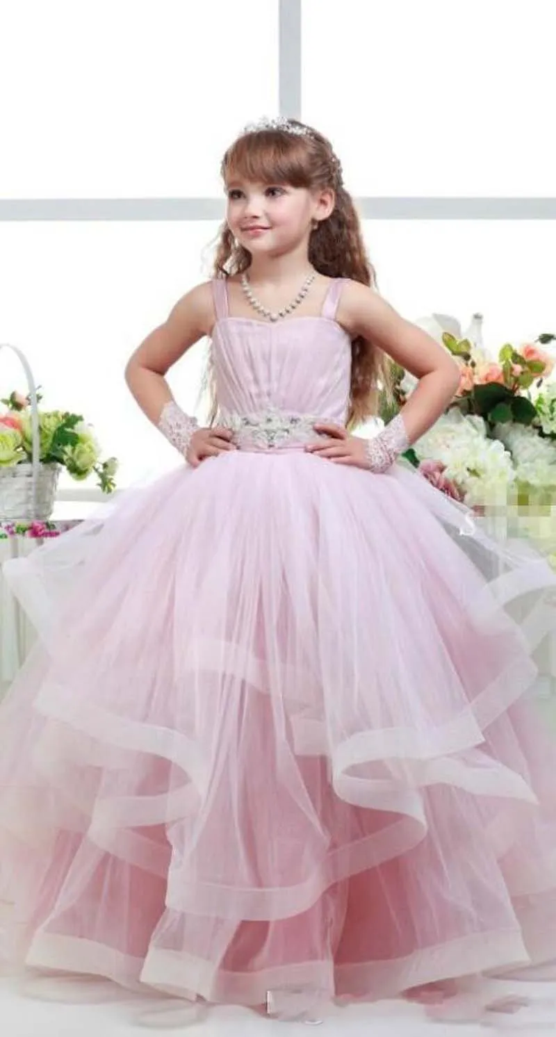 Pink Glitz Flower Girls Abiti bambino Ball Gowns Strap Kid Birthday Party Comunione Dress Back Lace Up Layers Girls Pageant Dress