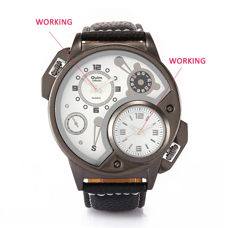 Mode Double mouvement précis temps de voyage hommes montre grand cadran montre Sport montres bracelet en cuir rond