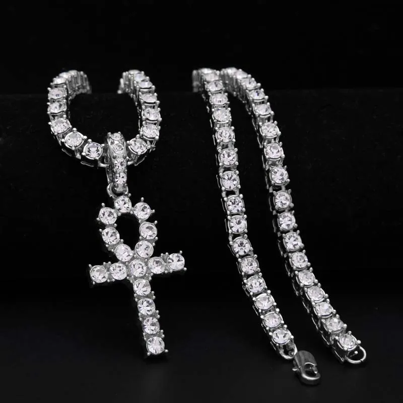 Mens Bling Iced Out Egyptian Ankh Sleutel Hanger Ketting Vergulde Hip Hop Zwart Crystal Cubaanse Link Ketting Mannen Sieraden Kettingen Hangers