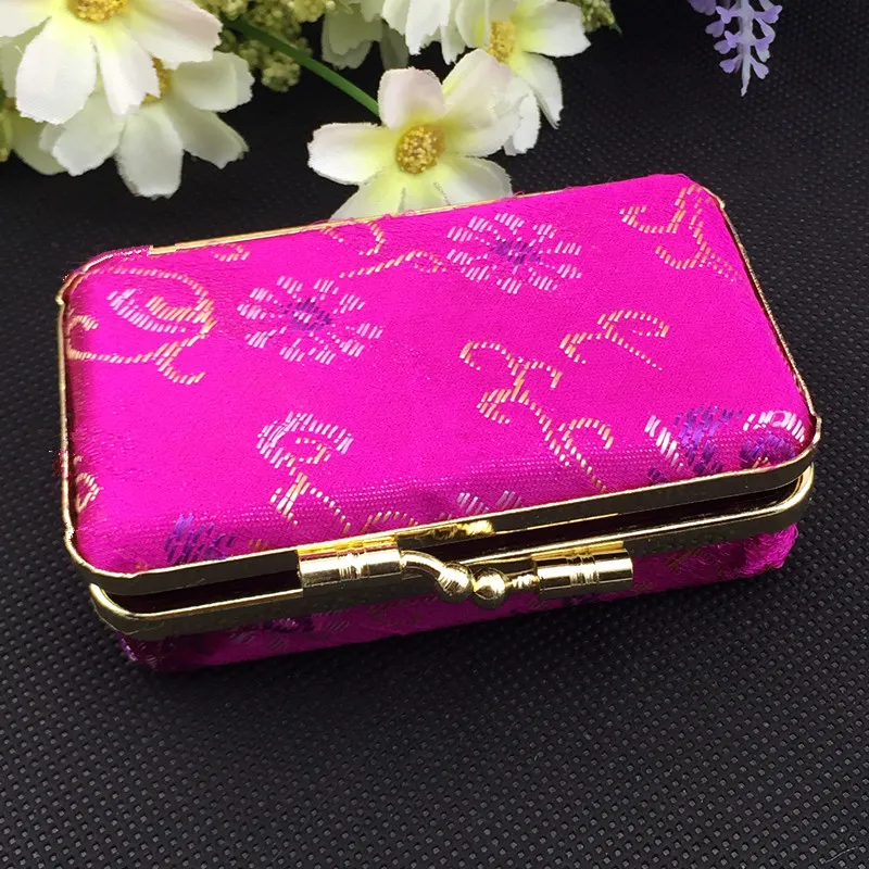 Portable Small Travel Rectangle Jewelry Carrying Storage Case with Mirror Gift Box Metal Clip Silk Brocade Floral Cloth Craft Pack4668300