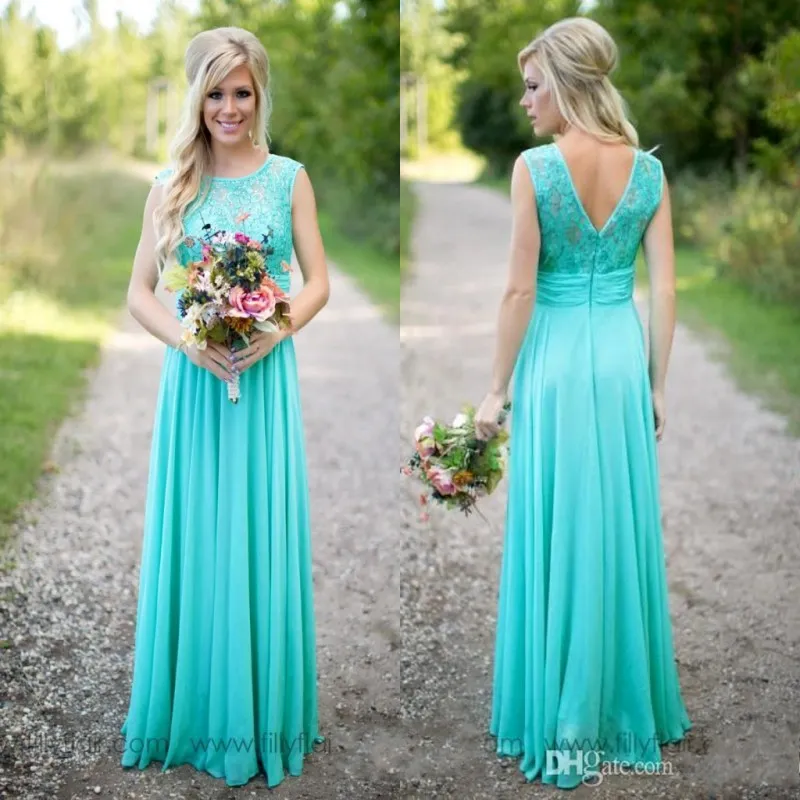 Turquoise Lange Land Bruidsmeisjes Jurken Ronde Hals Chiffon Vloer Lengte Kant V Backless Long Maid of Eer Bruidsmeisjes Jurken