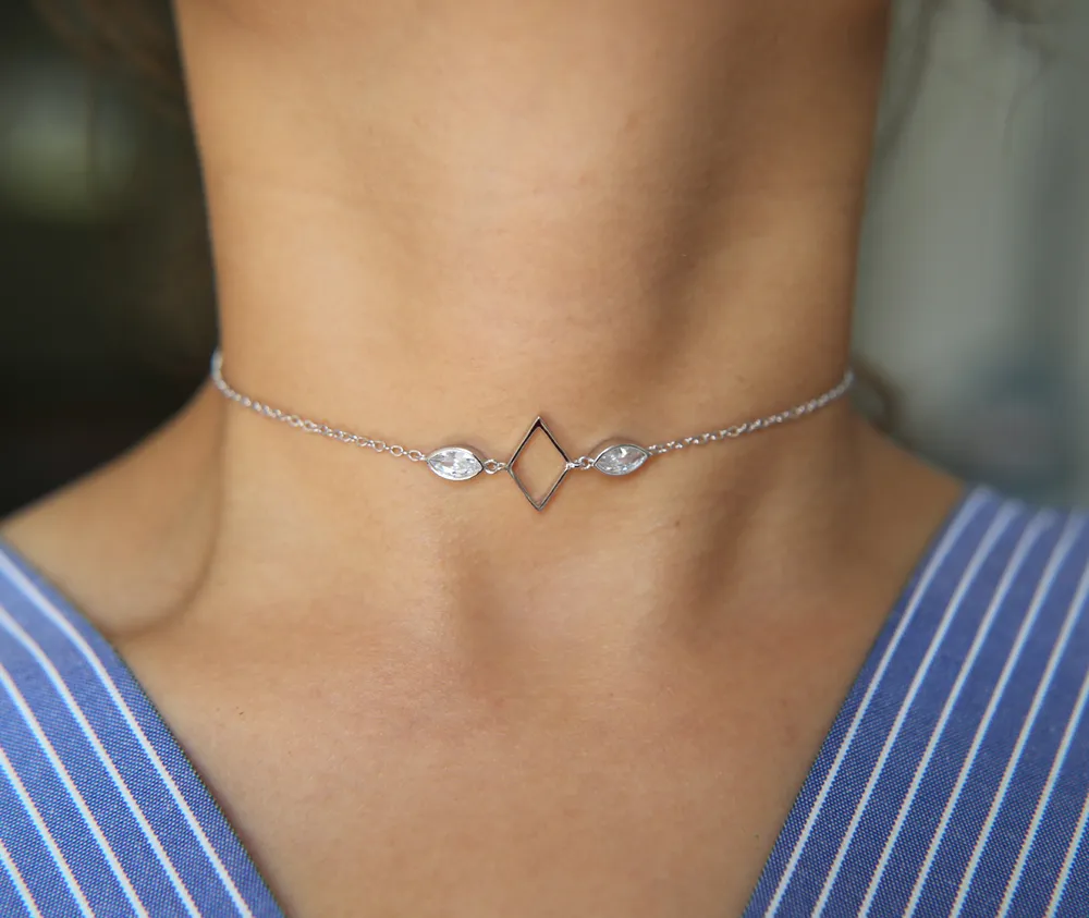 2017 fashion wholesale jewelry geometric simple delicate chain 33+7cm cz chocker rose gold silver plated simple chain choker necklace