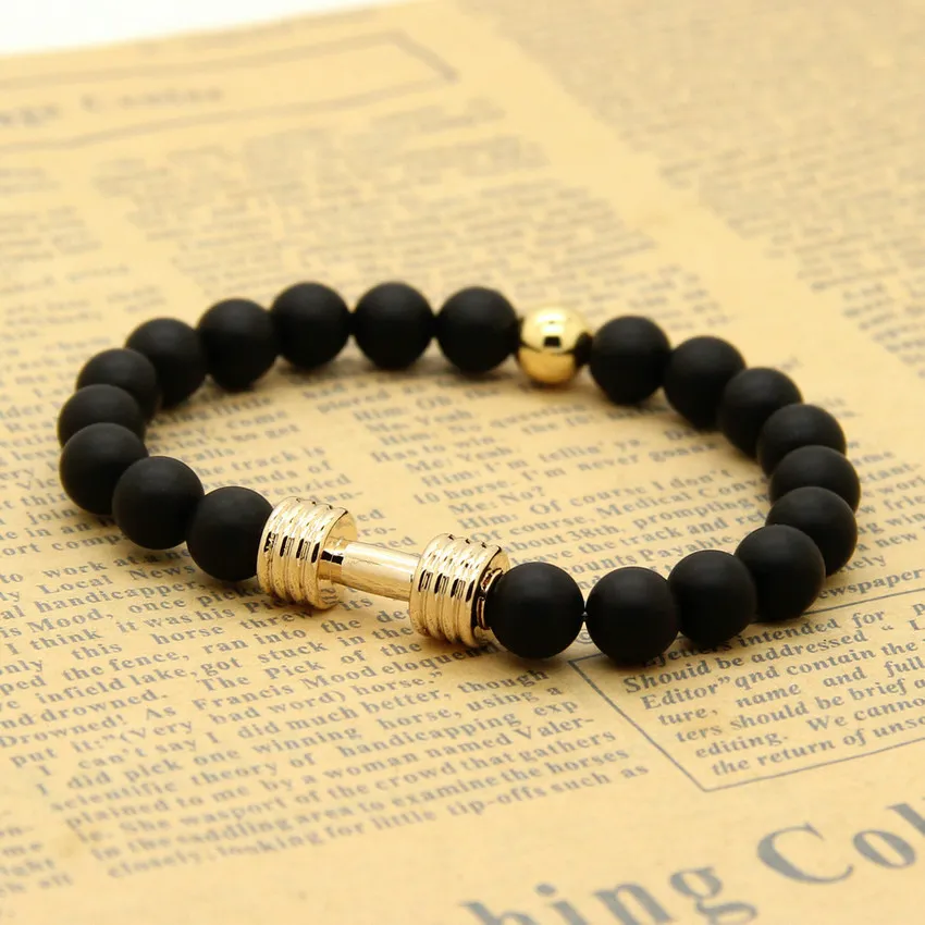 Charm Bracelet Jewelry Real Gold Plated Metal New Barbell & 8mm Stone Beads Fitness Fashion Dumbbell Bracelets