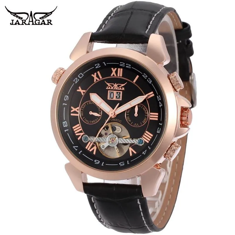 Luxury Jaragar Rose Golden Multifunktionell Tourbillon Automatisk mekanisk Man Armbandsur Leather Watch Datum 24h Automatiska Klockor