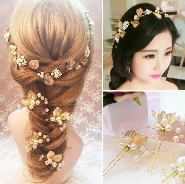 Gold Leaf Tiaras Set Hair Accessories New Wedding Headband Pearls Bridal Flower Headpieces For Bride Wedding Party Gowns