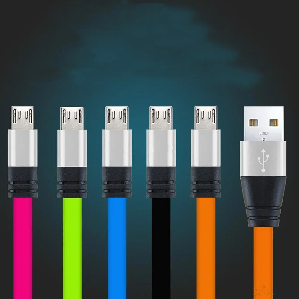 2.0A Real High Speed 1M 3FT Micro USB Flat Noodle Cable Charger Sync Data Extra Charging Line Aluminum Metal Head Charge Cord For Samsung L