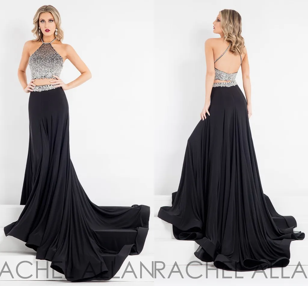 Hot Prom Dresses Two Pieces Halter Sparkling Crystal Beaded Formal Cocktail Evening Black Dresses Custom Made