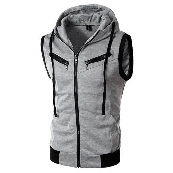 Fall-Men Male New Arrival Hooded Pockets Vest Sleeveless Waistcoats Burgundy/Light Gray/Dark Gray M/L/XL/XXL