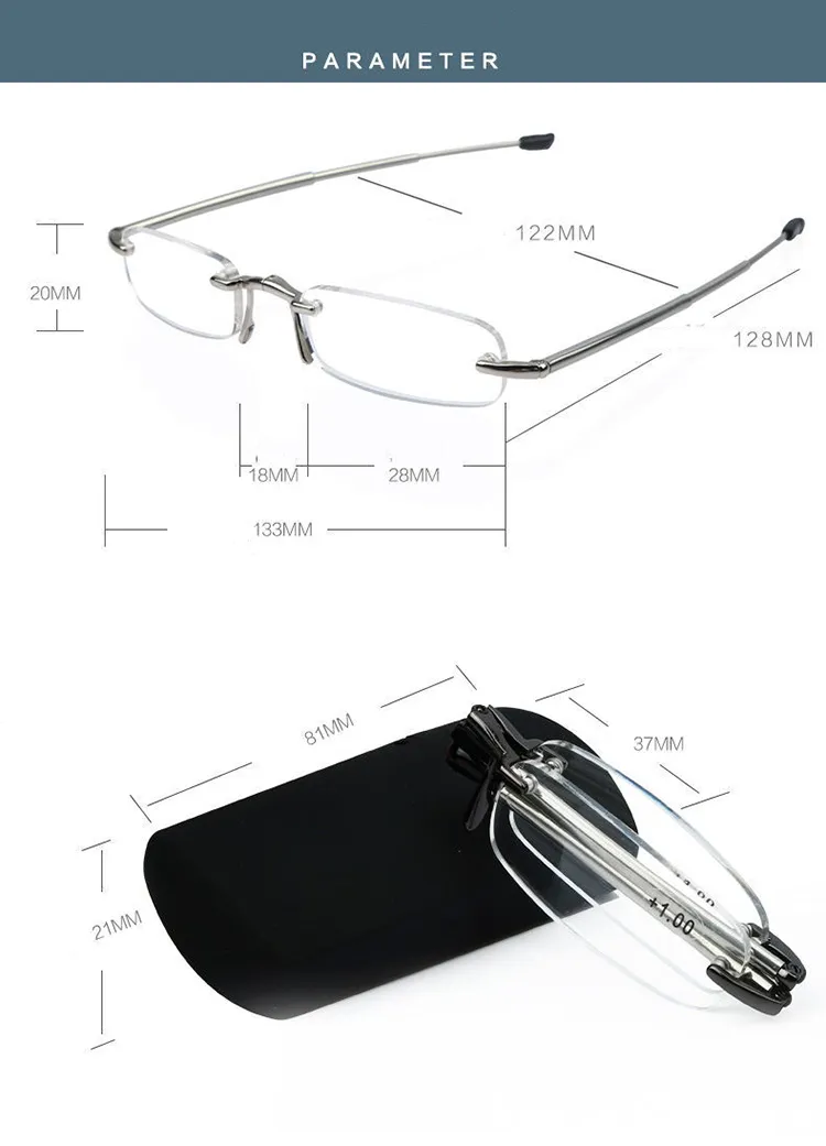 Man Womens Fold Rimless Travel Business Mini Power Tube Läs glas Förstoringslåda med fodral +1.50 2.00 2.00 3.00 3.00 4.00