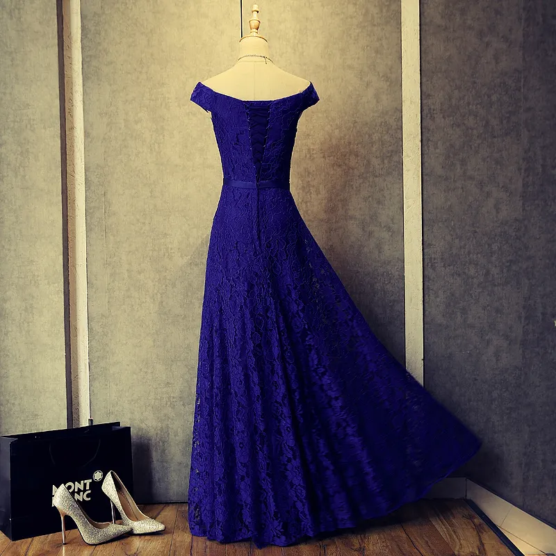 Abito da sera in pizzo con scollo a barchetta Royal Blue Borgogna 2018 Abiti da sera lunghi eleganti Nuovo Vestido De Festa Longo