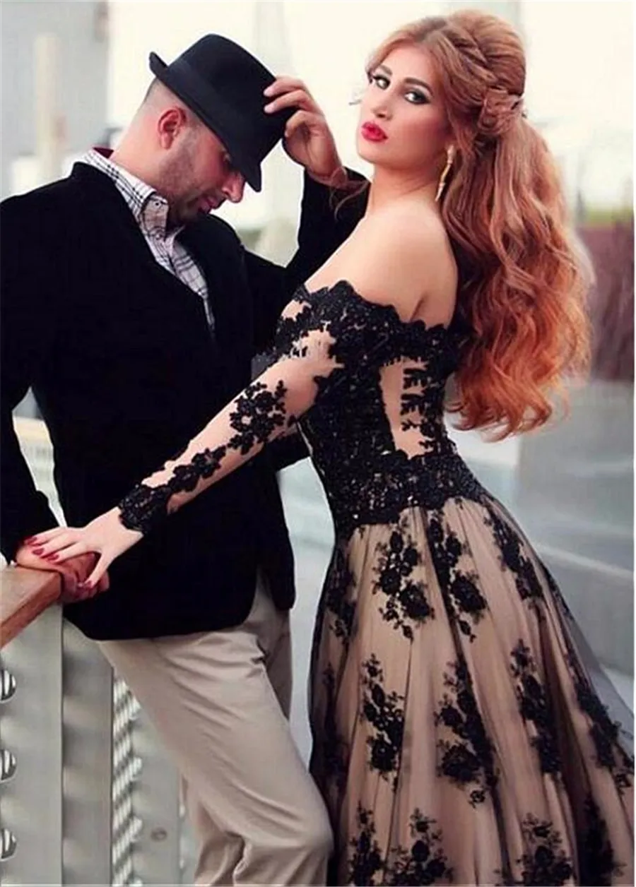 Off-the-Shoulder Neckline A-line Evening Dresses With Lace Appliques Black Long Sleeves Prom Dress Illusion Back Party Dresses