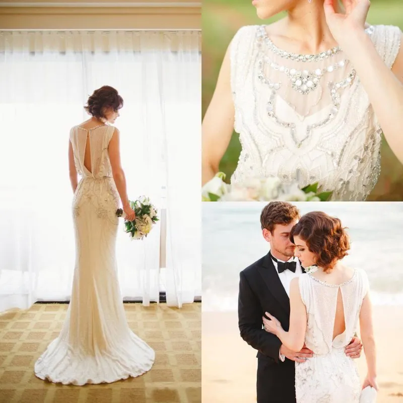 2019 Jenny Packham Trouwjurken Strand Modest Juweel Sleutelgat Back Sheath Luxe Diamanten Kralen Bruidsjurken Custom Made China EN5042