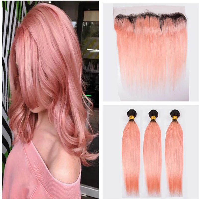 Extensions de cheveux Ombre Two Tone # 1B Rose Gold Ombre Bundles de tissage de cheveux humains vierges droites brésiliennes avec fermeture frontale en dentelle rose 13x4 ''