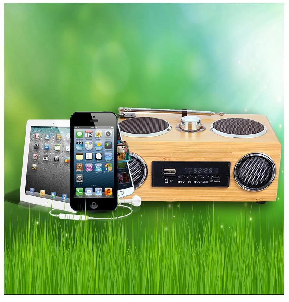 Inalámbrico Bluetooth Multifuncional Bambú Altavoz portátil Bambú Madera Boombox TF / Tarjeta USB Altavoz Radio FM con control remoto Reproductor de MP3