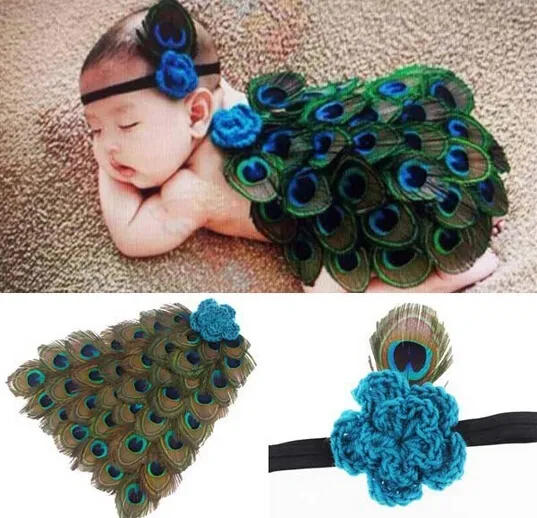 Baby Peacock Costume Set Crochet Animal Set with Feather Cape and Headband for Newborn Photography Props
