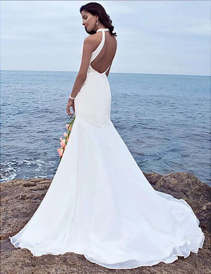 Halter Chiffon Beach Mermaid Trouwjurken Kralen Taille Zomer Backless Bridal Jurken Sweep / Brush Trein Bruidsjurken