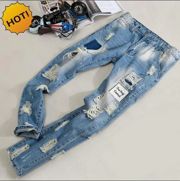 Fashion Mens Hole Ripped Jeans Men beggar Patch Slim Fit Stretch Washing Light Blue Hip Hop Street Wear BOYS Harem Pants Bottoms