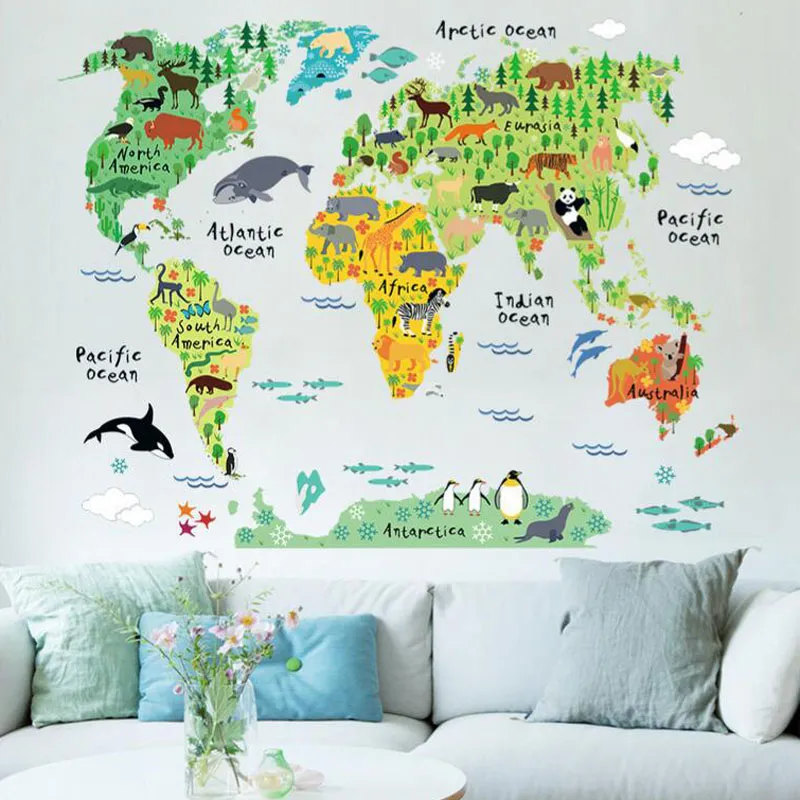 60x90cm Cute Funny Animal Wall Stickers for Kids Rooms Living Room Home Decor World Map Wall Decor Mural Art