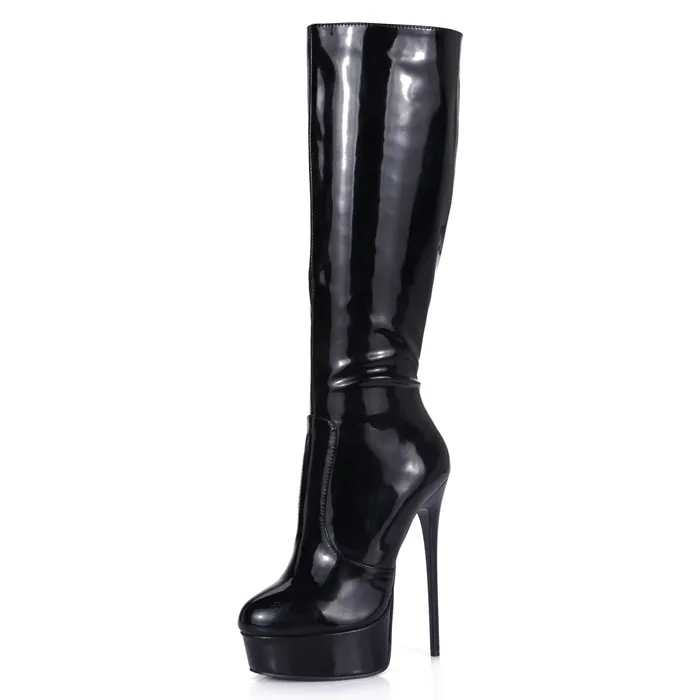도매 섹시한 유행 검은 반짝이 특허 pu 무릎 부츠 플랫폼 및 16cm 높은 뒤꿈치 이탈리아 디자인 손수 만든 신발 페티쉬 이국적인 극 댄스 고딕 펑크
