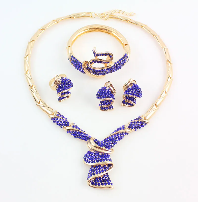 Fashion High Quality Nigerian Wedding African Beads Jewelry Sets Blue Crystal Dubai Gold Plated Big Jewelry Sets Costume