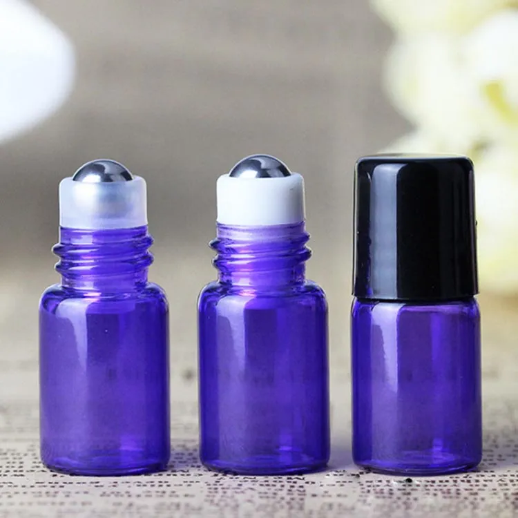 2ml Colorful Glass Roll on Bottle Amber Green Red Purple Mini 2cc Perfume Bottles with Stainless Steel Roller Ball Black Lids