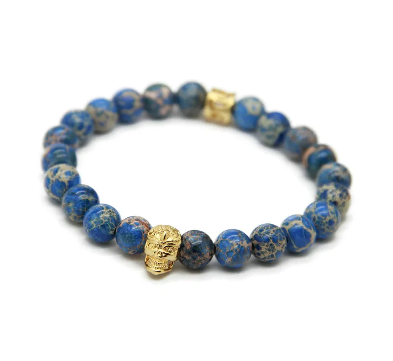 Neues Design, hochwertiger Schmuck, 8 mm große blaue Meeressediment-Steinperle mit bronzefarbenem Gold- und Silber-Totenkopf-Armband