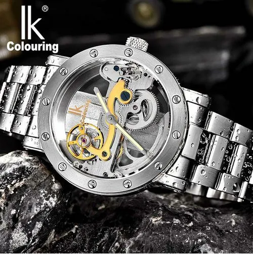 Men's watch IK Colouring Hollow Automatic Mechanical Watch with Stainless Steel BracelTransparent Unique Full Steel Man Watch 50M waterproof