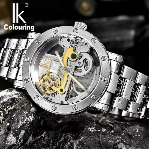 Herrenuhr IK Coloring Hollow Automatische mechanische Uhr mit EdelstahlarmbandTransparente einzigartige Vollstahl-Mannuhr 50M wasserdicht