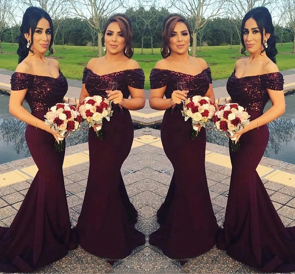 Luxury Dark Burgundy Off Shoulder Prom Dresses Short Sleeves Mermaid Style Sequins Long Bridesmaid Dresses Back Zipper Formal Party Gowns