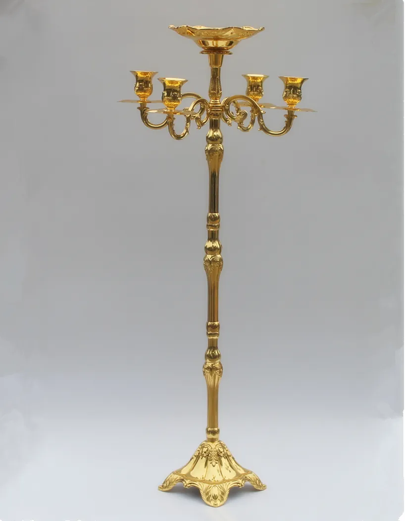 Najwyżej oceniane pozłacane piętro Candelabra 85 cm Metalowa Świeca Uchwyt, Czysty Złoty Świecznik z ładną miską kwiatową